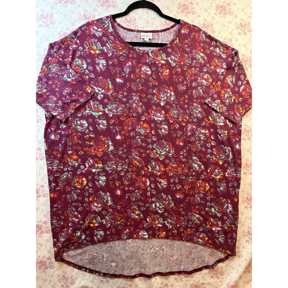 LuLaRoe Irma Tunic Top XL Burgundy Floral Rose Print High Low